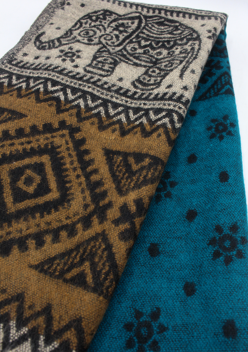 Hand loomed Elephant Blue Green Woolen Shawl- Krishma
