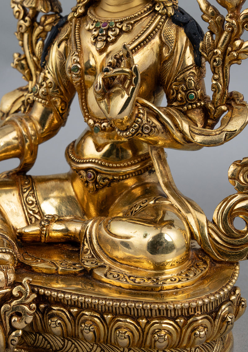 Fully Gold Plated Green Tara Statue with Stone Inlays 9.5"H