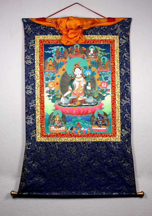 White Tara with Pancha Buddha Hongkong Silk Brocade Thangka Painting