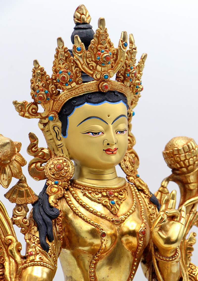Green Tara 24 K Gold  Stone Inlaid  Copper Statue 12"H