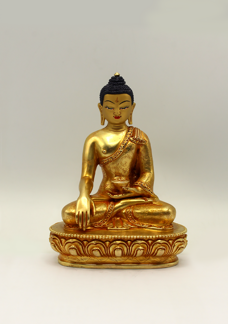 Full Gold Plated Floral Motif Carved Shakyamuni Buddha Statue 5.5"H