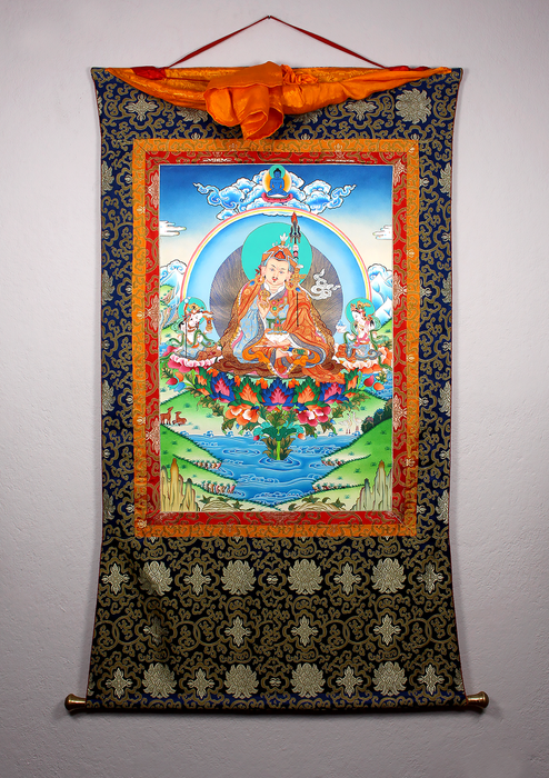 Guru Rinpoche with Two Consorts Brocade Thangka Painting | Handmade Tibetan Buddhist Art from Nepal