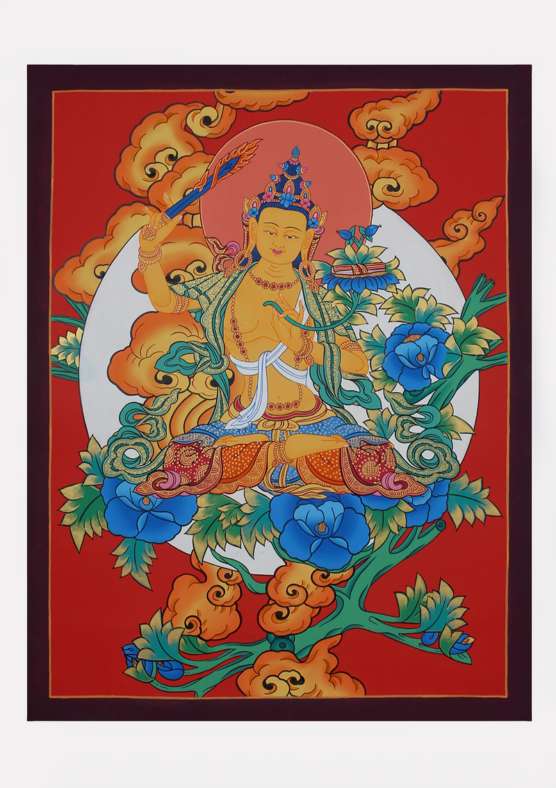 Manjushree Thangka Painting with Tibetan Clouds