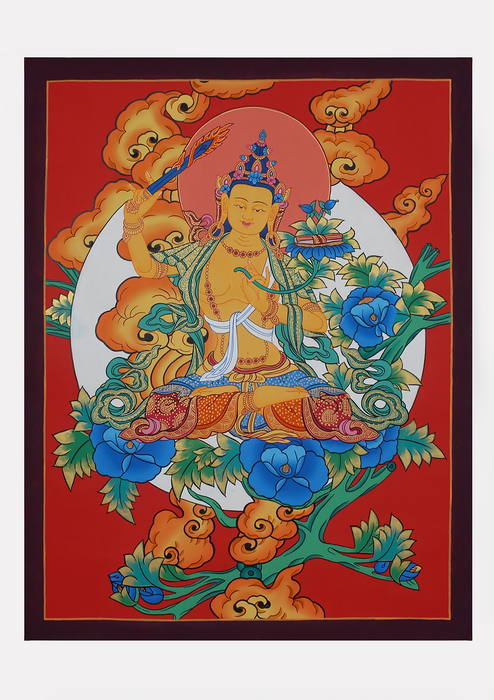 Manjushree Thangka Painting with Tibetan Clouds