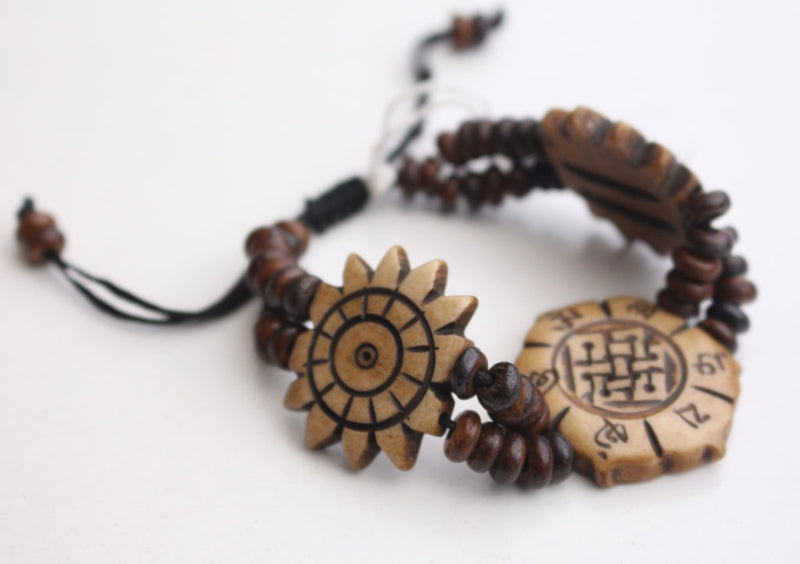 Om, Endless Knot and 8 Auspicious Symbol Carved Yak Bone Adjustable Bracelet