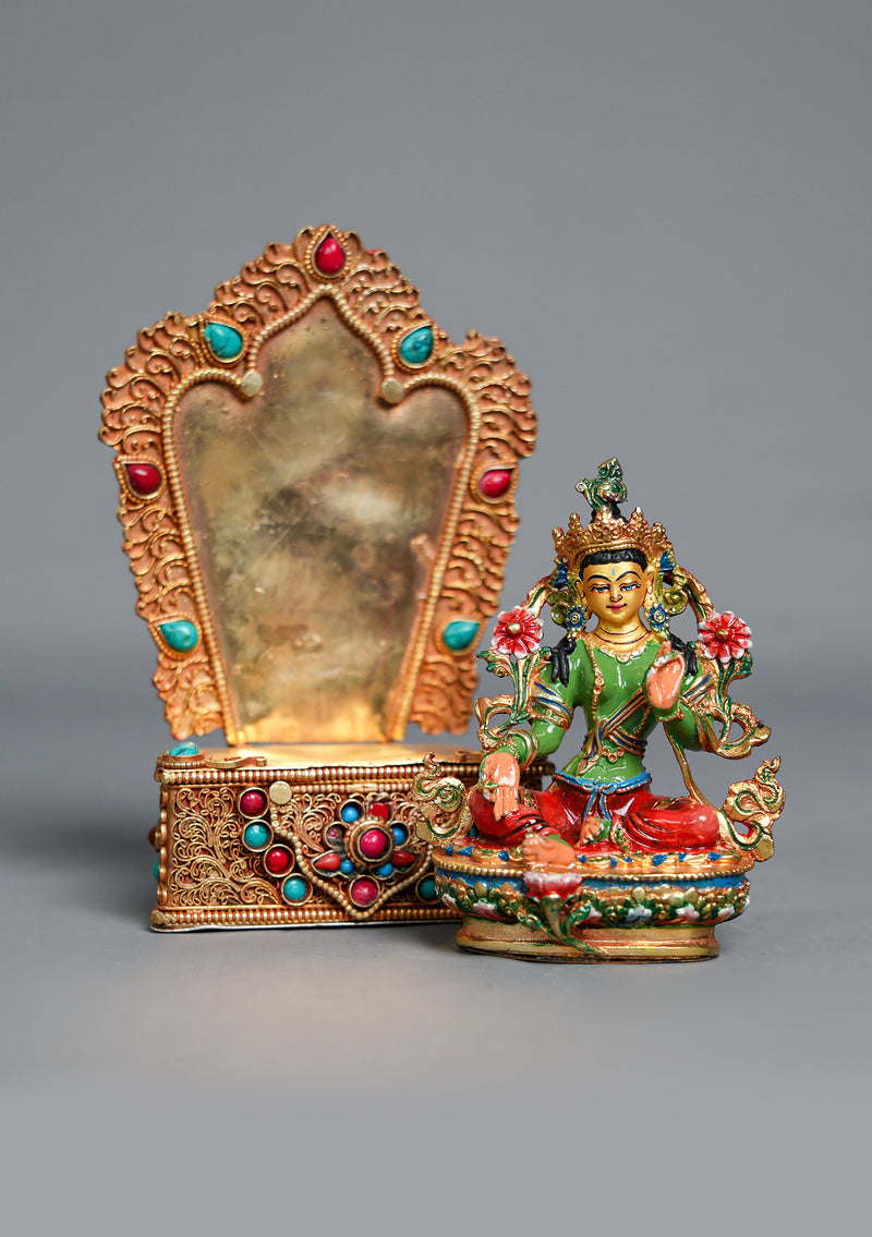 Handpainted Green Tara Statue with Stone-Inlaid Throne