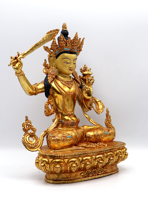 God  of Wisdom 24 K Gold  Manjushree Copper Statue 12.5"H