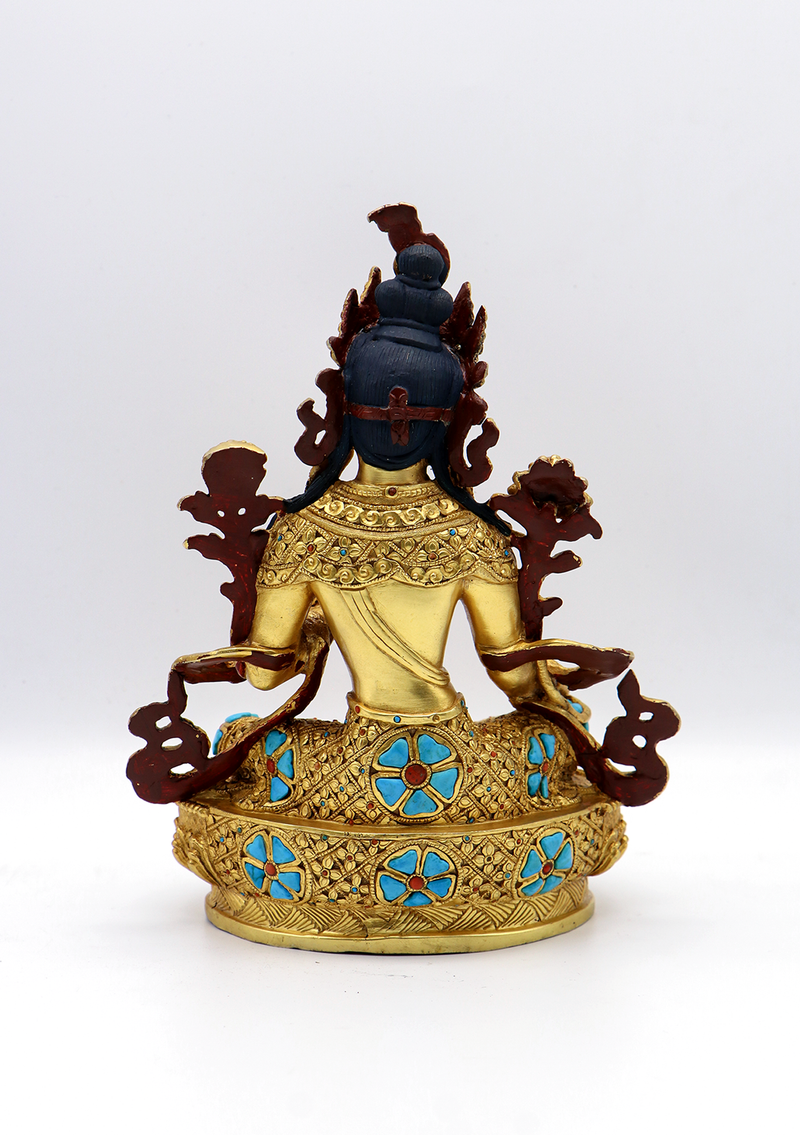 Full Gold Plated Copper Stone Inlaid Green Tara Statue 8.5"H