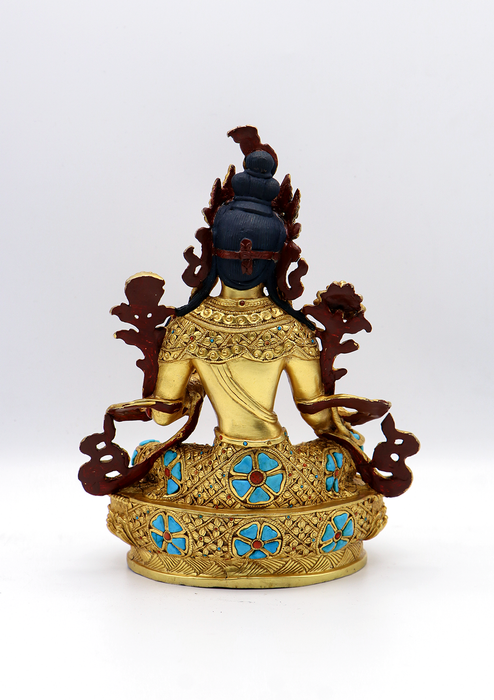 Full Gold Plated Copper Stone Inlaid Green Tara Statue 8.5"H