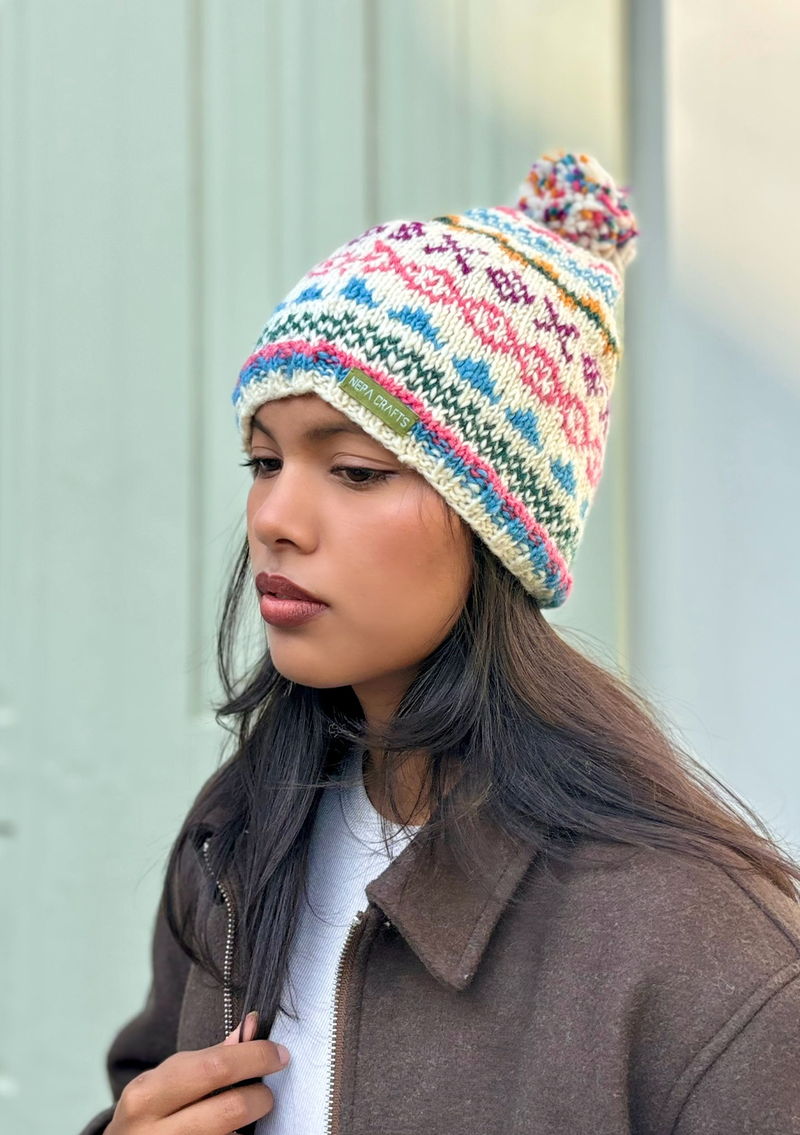 Woolen Blue and White Multicolored Sherpa Pom Pom Beanie