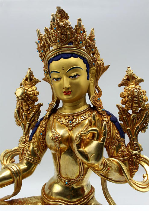 Majestic  24K Gold Gilted Green Tara Statue 14" H
