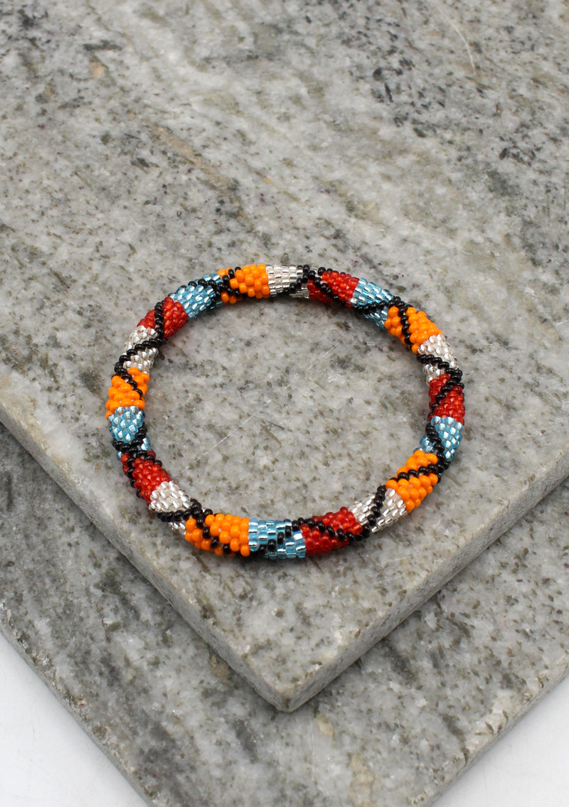 Orange Silver Red  Nepalese Roll on Beads Bracelet