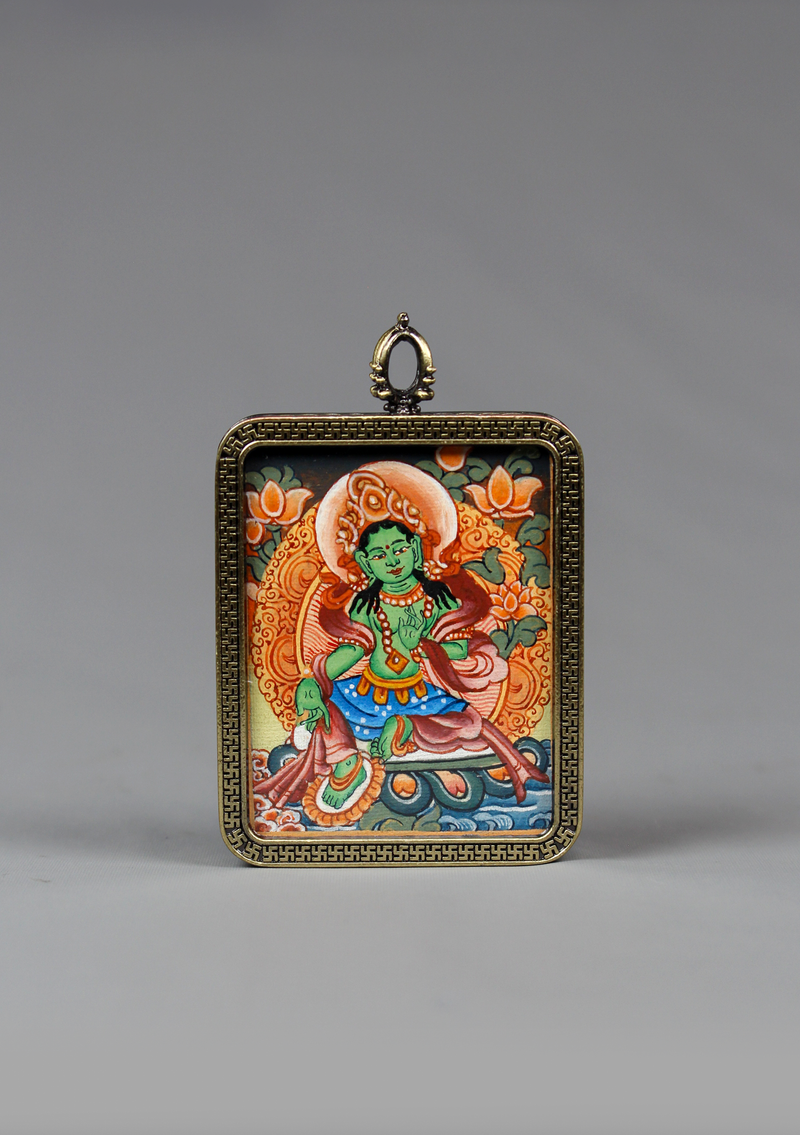 Green Tara Mini  Thangka Pendant