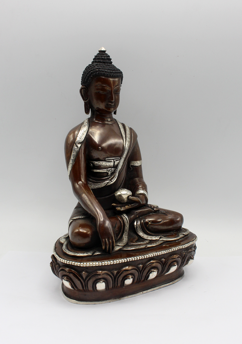 Copper Silver Inlaid Shakyamuni Buddha Statue 8" H