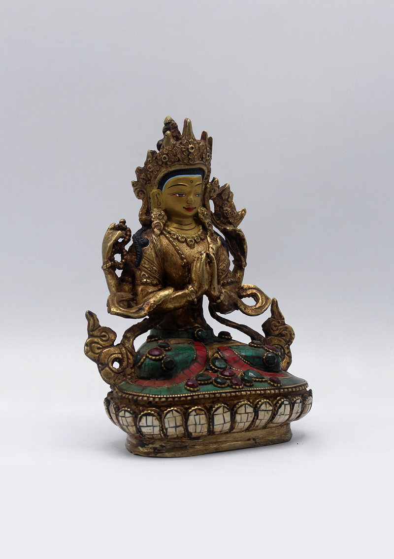 Stone Inlaid Copper Chenrezig Statue 6"H (1)