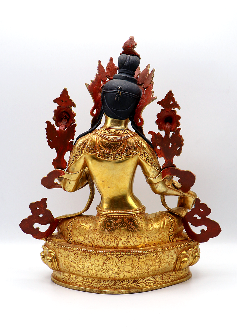 Green Tara Dolma 24 K Gold Stone Inlaid  Copper Statue 14"H
