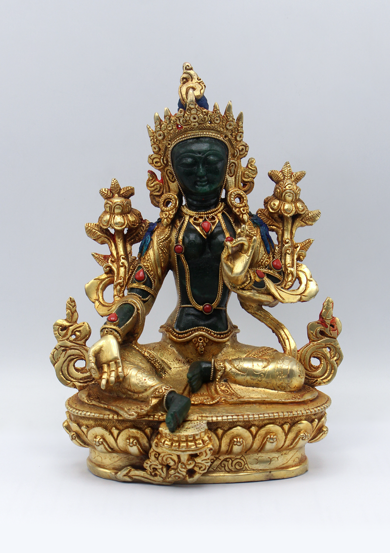 Gold Plated  Green Stone Green Tara Statue 9"H
