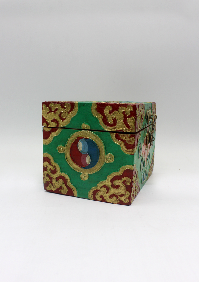 Handpainted Tibetan Wooden Boxes with Dharmachakra- Small