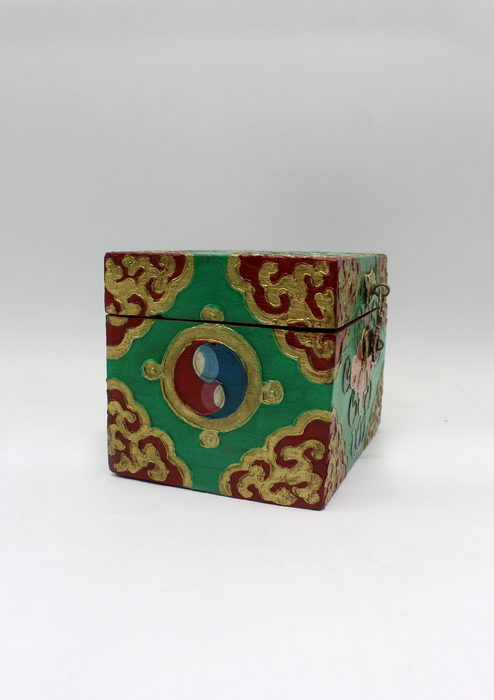 Handpainted Tibetan Wooden Boxes with Dharmachakra- Small