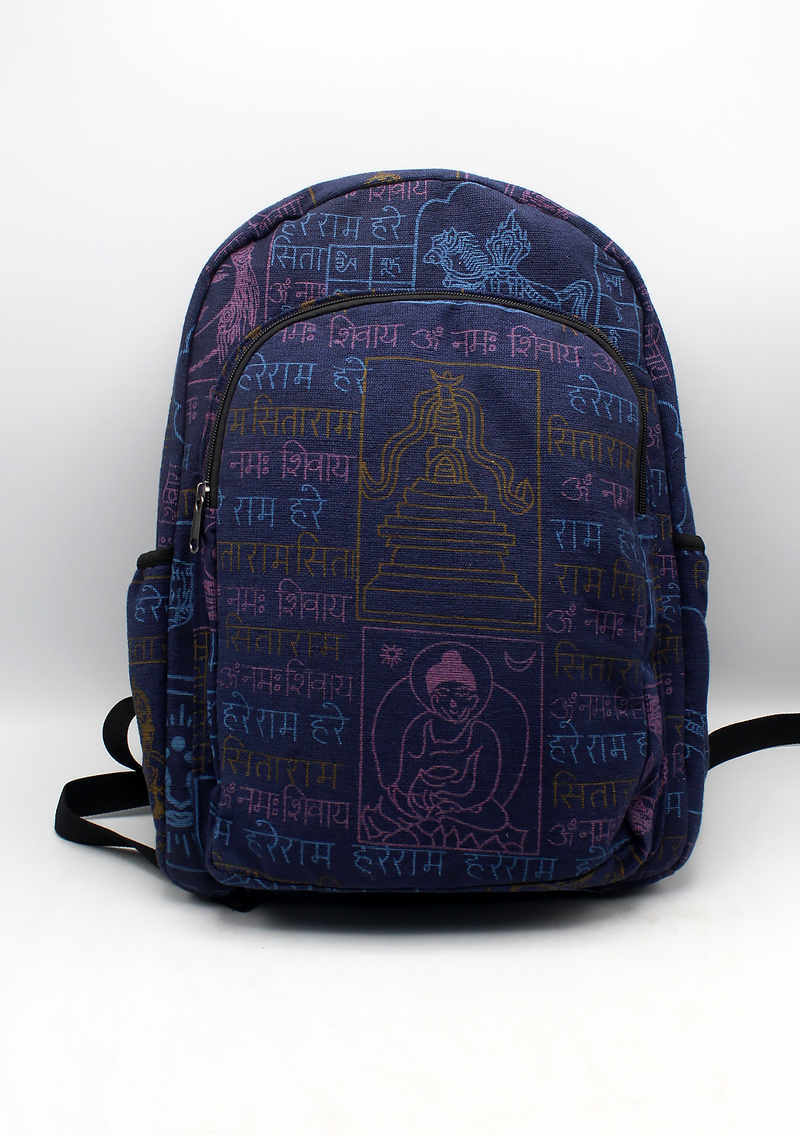 Hari Ram Hari Dark Blue Buddhist Print Rucksack