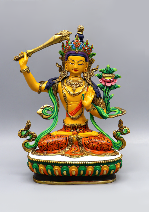 Hand Painted Gold Plated Manjushree Statue 9"H by Archana Shakya