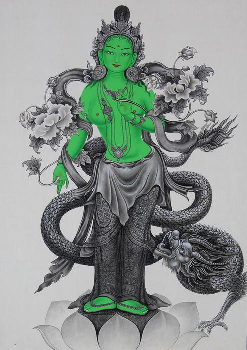Black and White Standing Tara on the Lotus with dragon  Thangka Painting