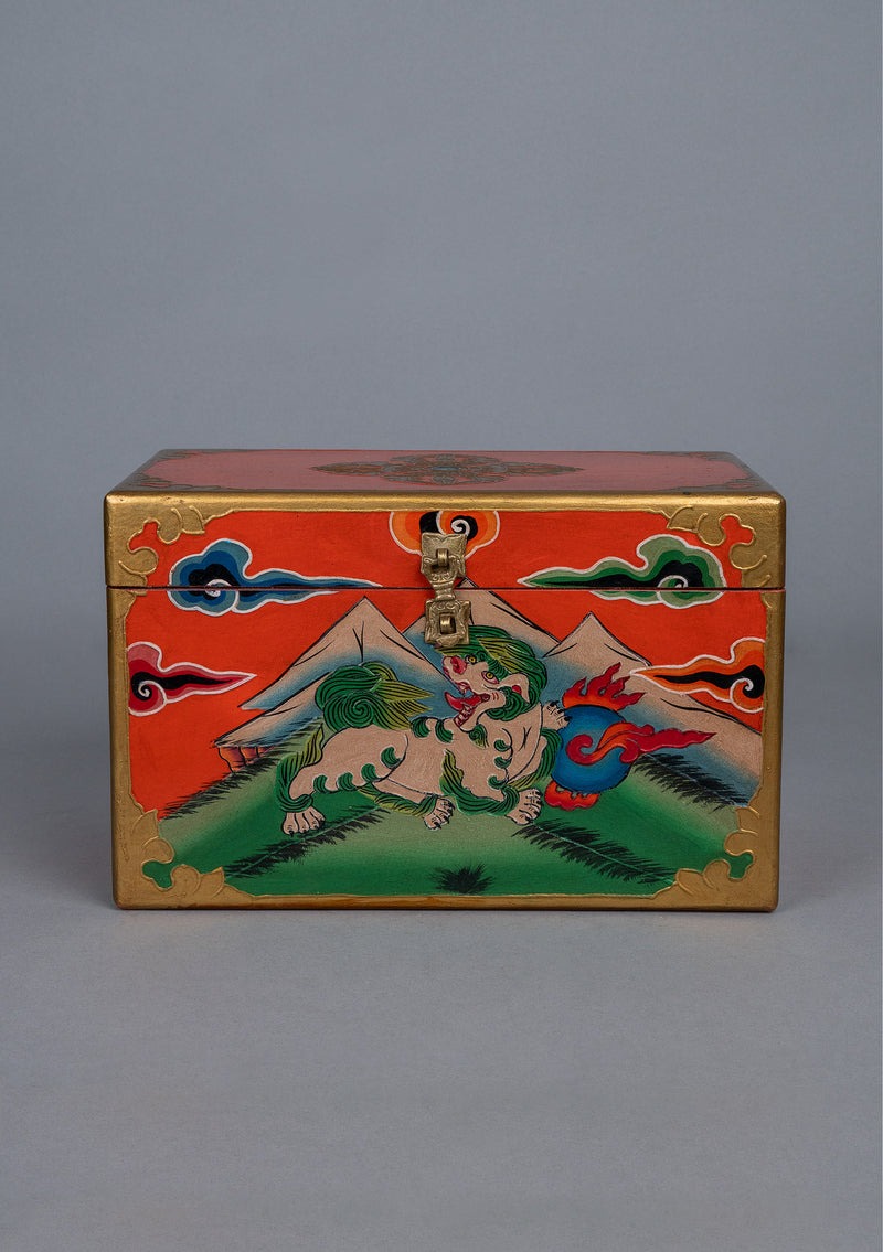 Handpainted Tibetan Snow Lion & Doube Dorjee Wooden Altar Box