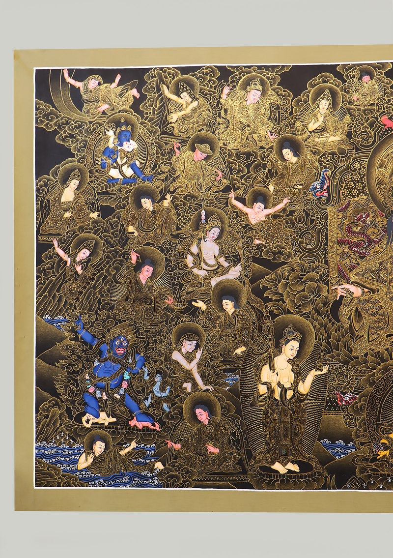 Guru Padmasambhva 24 K Gold with 24 Disciples Horizontal Thangka Painting