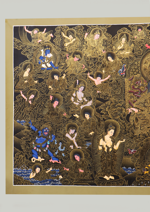 Guru Padmasambhva 24 K Gold with 24 Disciples Horizontal Thangka Painting