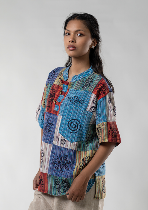 Multicolored Hippie Style Cotton Kurta Shirt - Half Sleeves