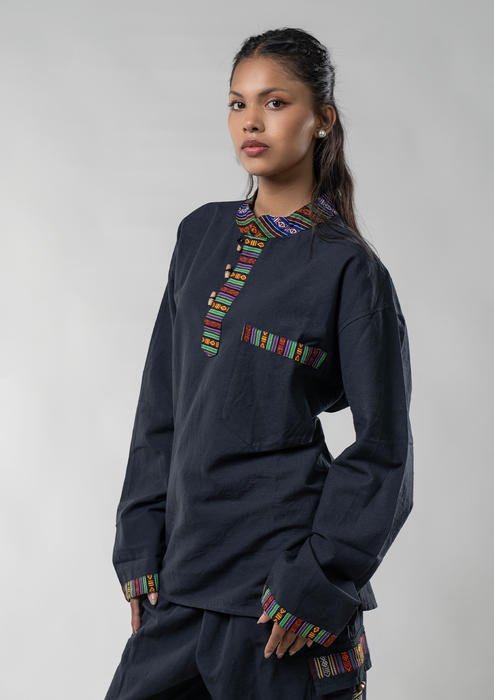 Bhutanese Pattern Cotton Kurta  Shirt - Black