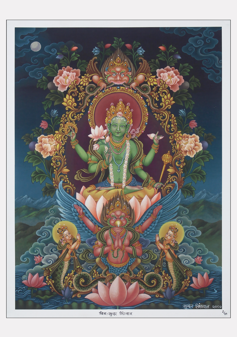 Vishnu  Masterpiece Thangka  Painting Print Signed  by the Artisan Sundar Sinkhwal