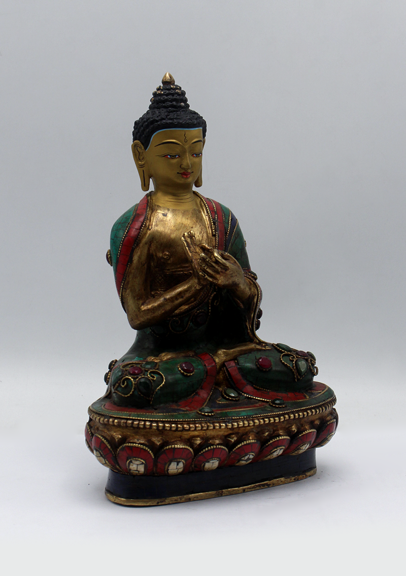 Stone Inlaid Copper Vairocana Buddha Statue 8.5"H
