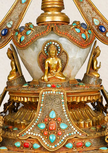 Elephant Guardian Serenity: Five Buddha Crystal Stupa Bowl Enhanced with Turquoise, Coral, and Lapis Lazuli Stones