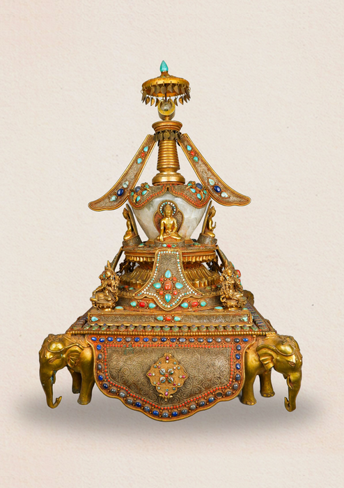 Elephant Guardian Serenity: Five Buddha Crystal Stupa Bowl Enhanced with Turquoise, Coral, and Lapis Lazuli Stones