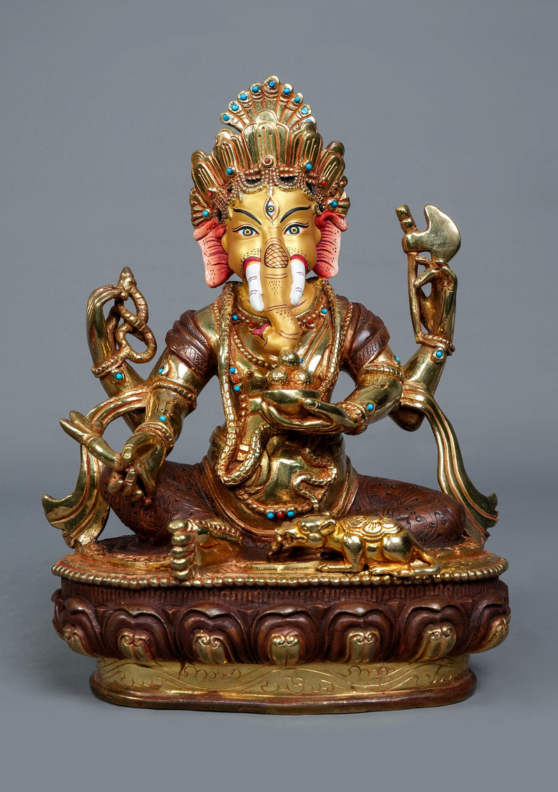 Handcrafted Copper Gilt Ganesha Sculpture 9" High