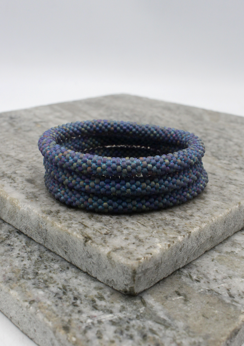 Blue Gray Glass Beads Roll on Bracelet