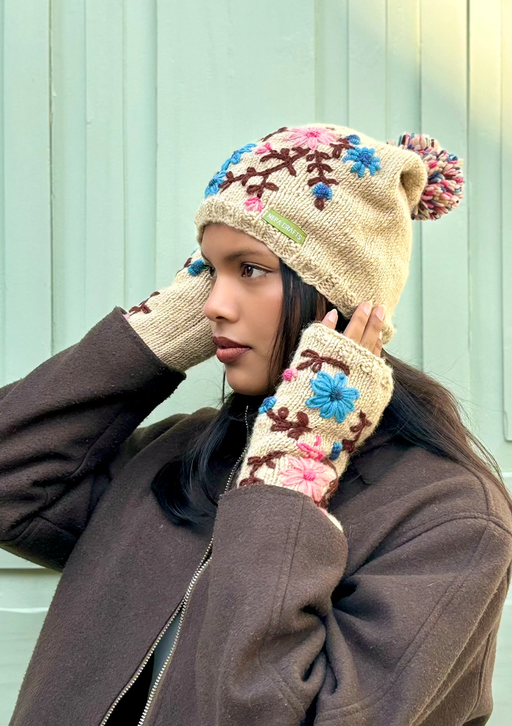 Flower Patterned Off-White Sherpa Pom Pom Beanie