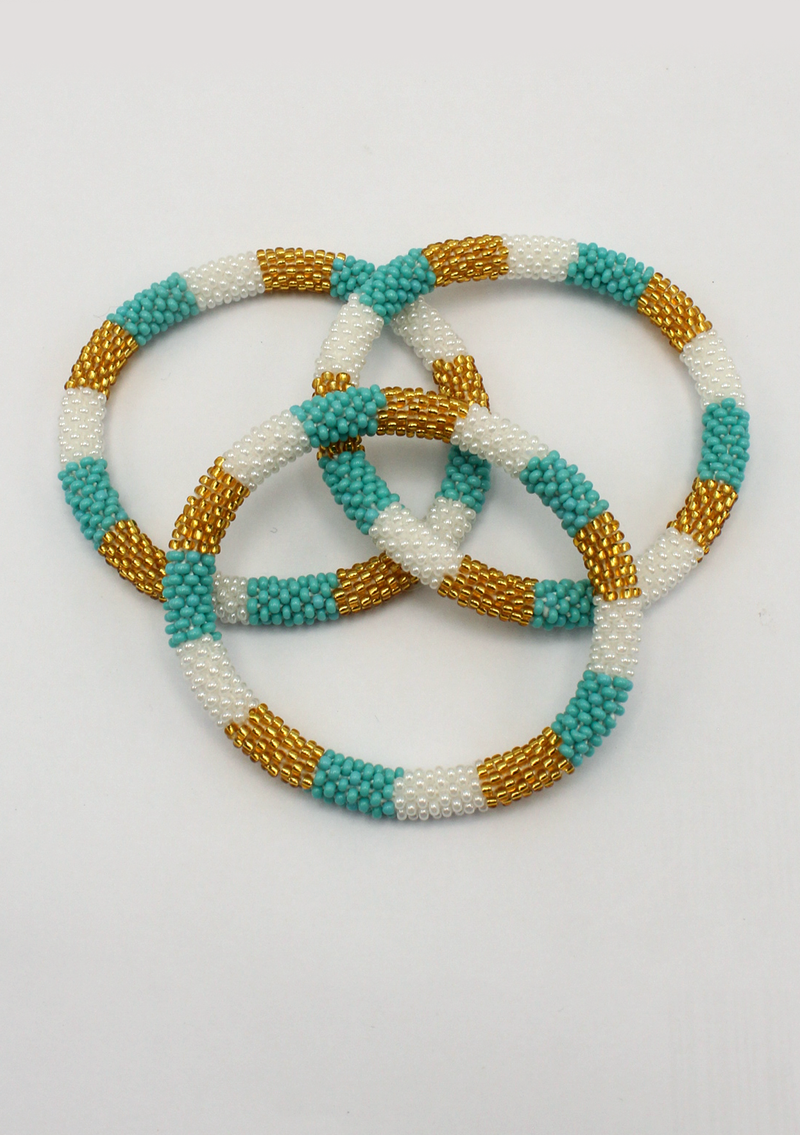 White Blue Gold Roll on Beads Bracelet