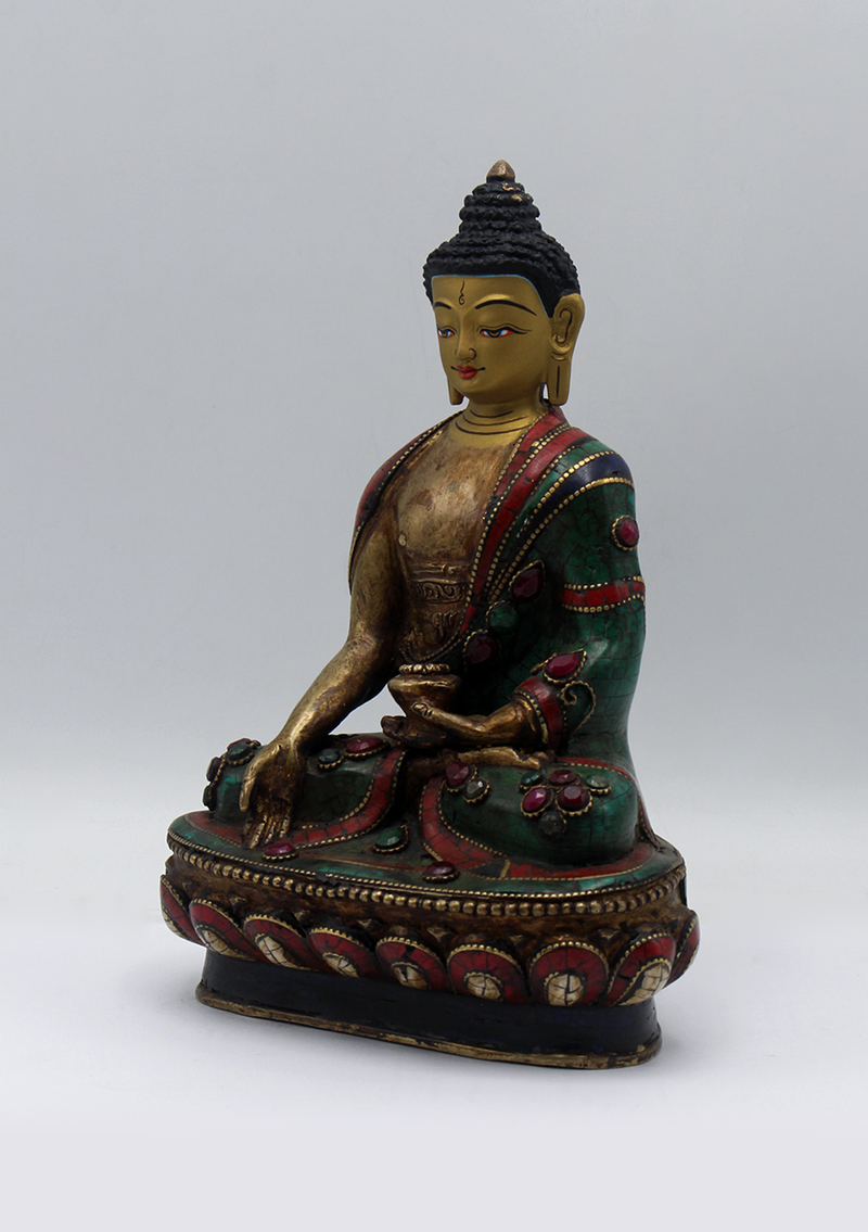 Stone Inlaid Copper Ratnasambhava Buddha Statue 8.5"H
