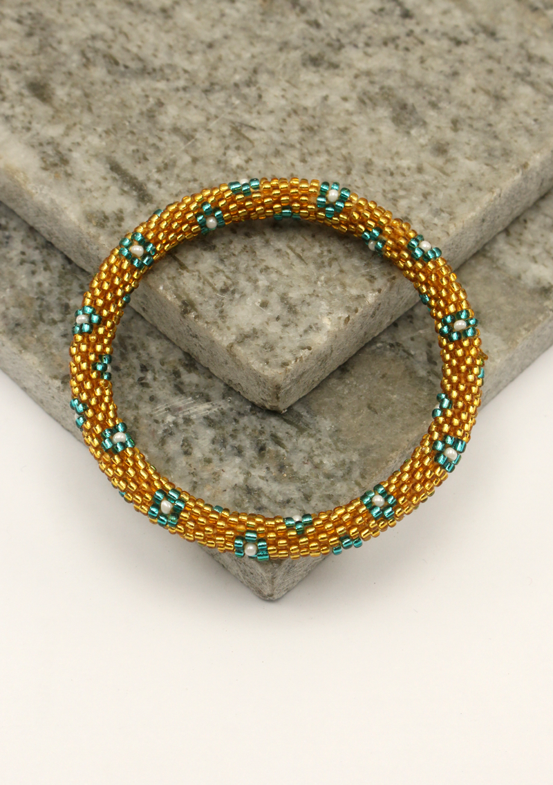 Golden Blue Flower Roll on Beads Bracelet