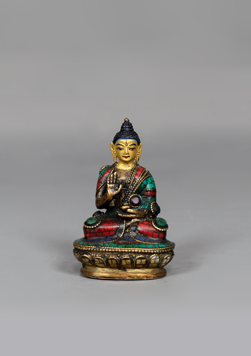 Stone Inlaid Copper Amoghasiddhi Buddha Statue 3.25" H