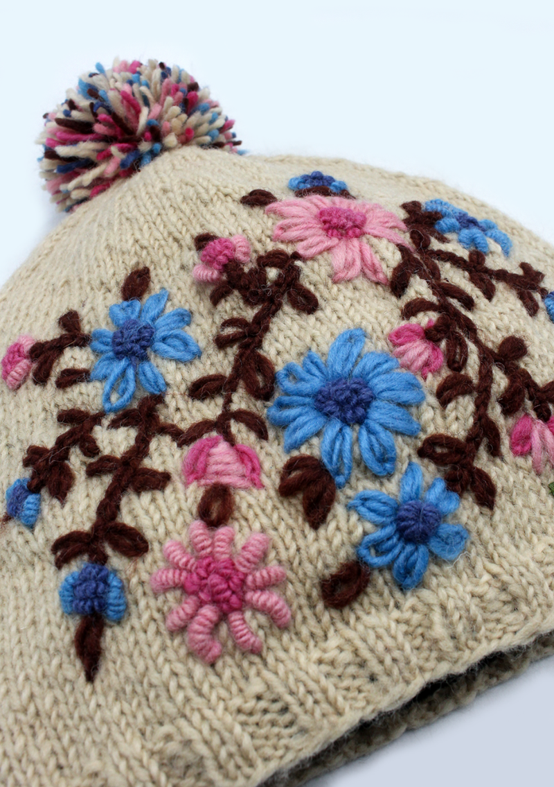 Flower Patterned Off-White Sherpa Pom Pom Beanie