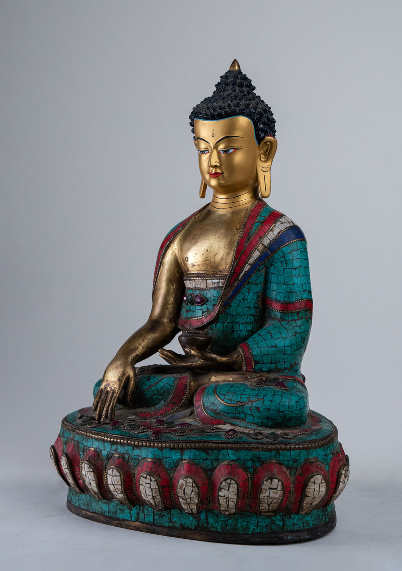 13" High Shakyamuni Buddha Statue Inlaid Turquoise and Coral