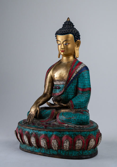 13" High Shakyamuni Buddha Statue Inlaid Turquoise and Coral