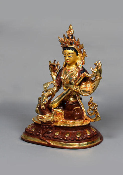 Partly Gold Plated Copper Saraswoti Statue 9.2" H