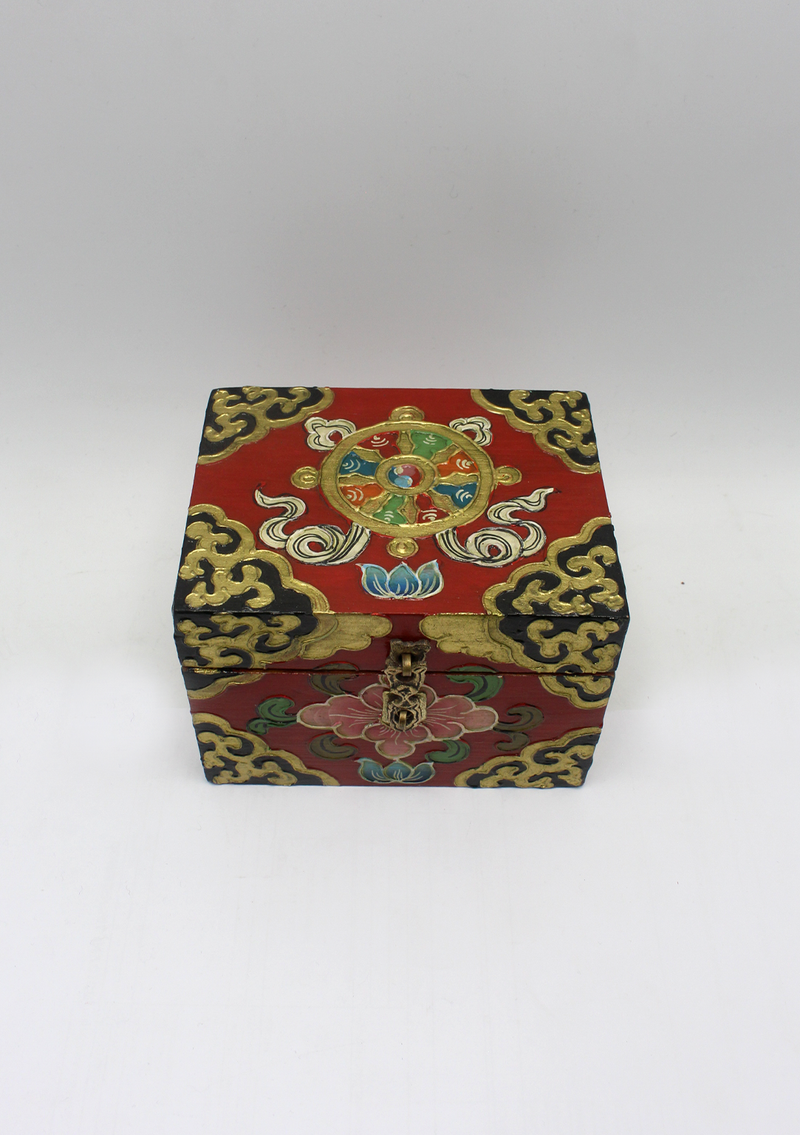 Handpainted Tibetan Wooden Boxes with Dharmachakra- Small