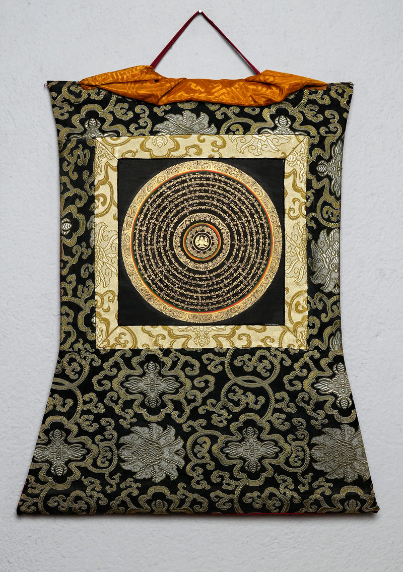 6 Line Om Mani Mantra Mandala Thangka Painting with Brocade