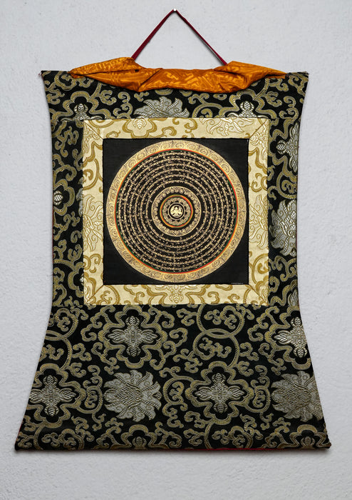 6 Line Om Mani Mantra Mandala Thangka Painting with Brocade
