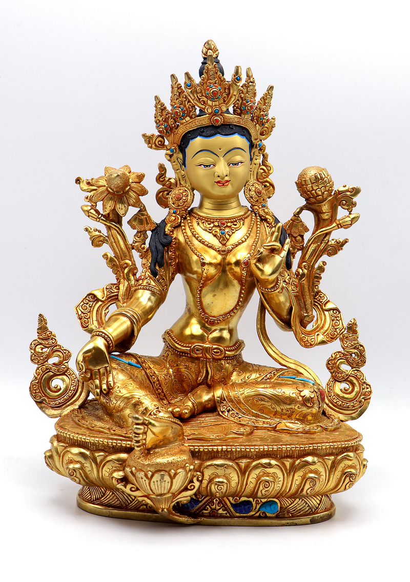 Green Tara 24 K Gold  Stone Inlaid  Copper Statue 12"H